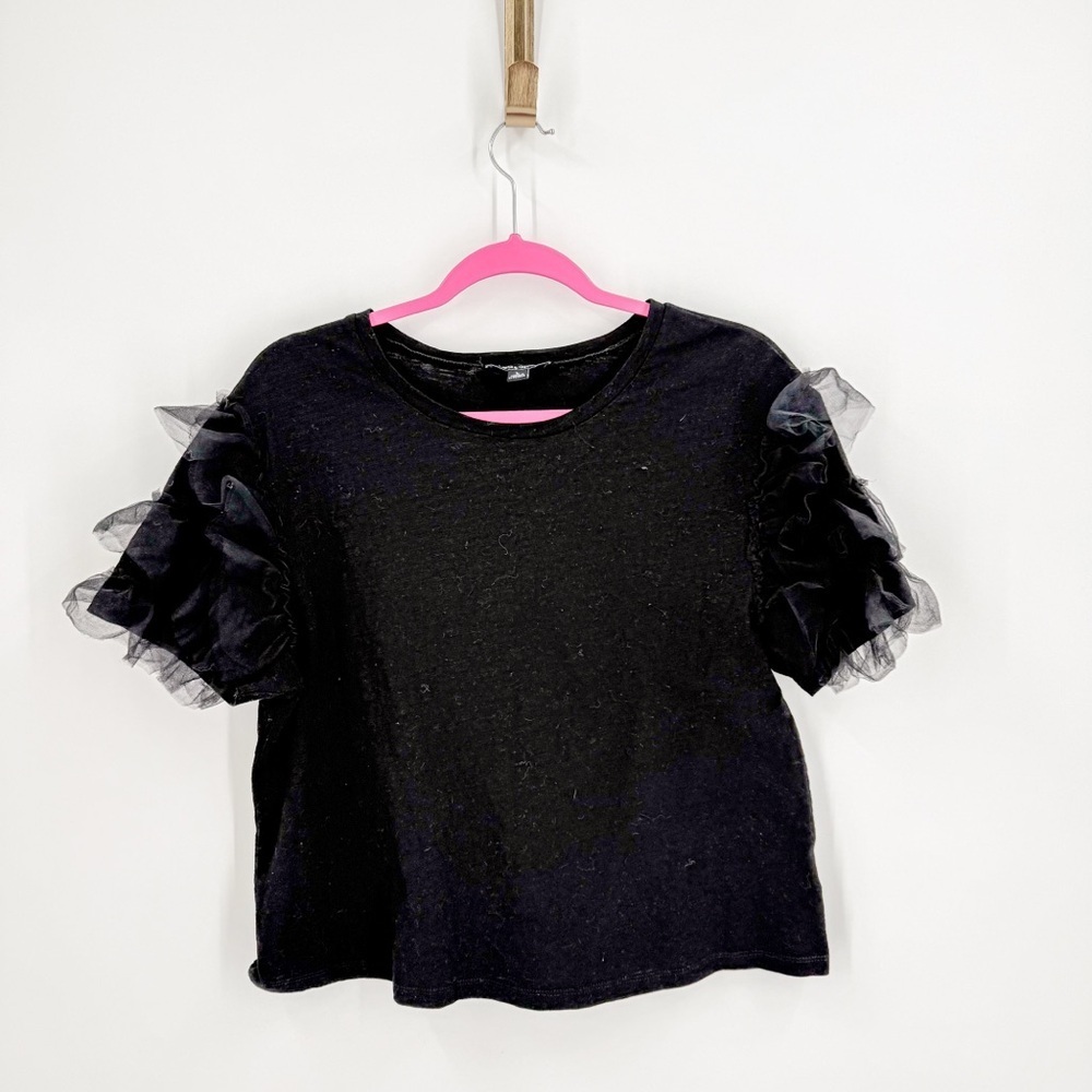 Lea & Viola Black Short Sleeve Tee with Ruffle Detail